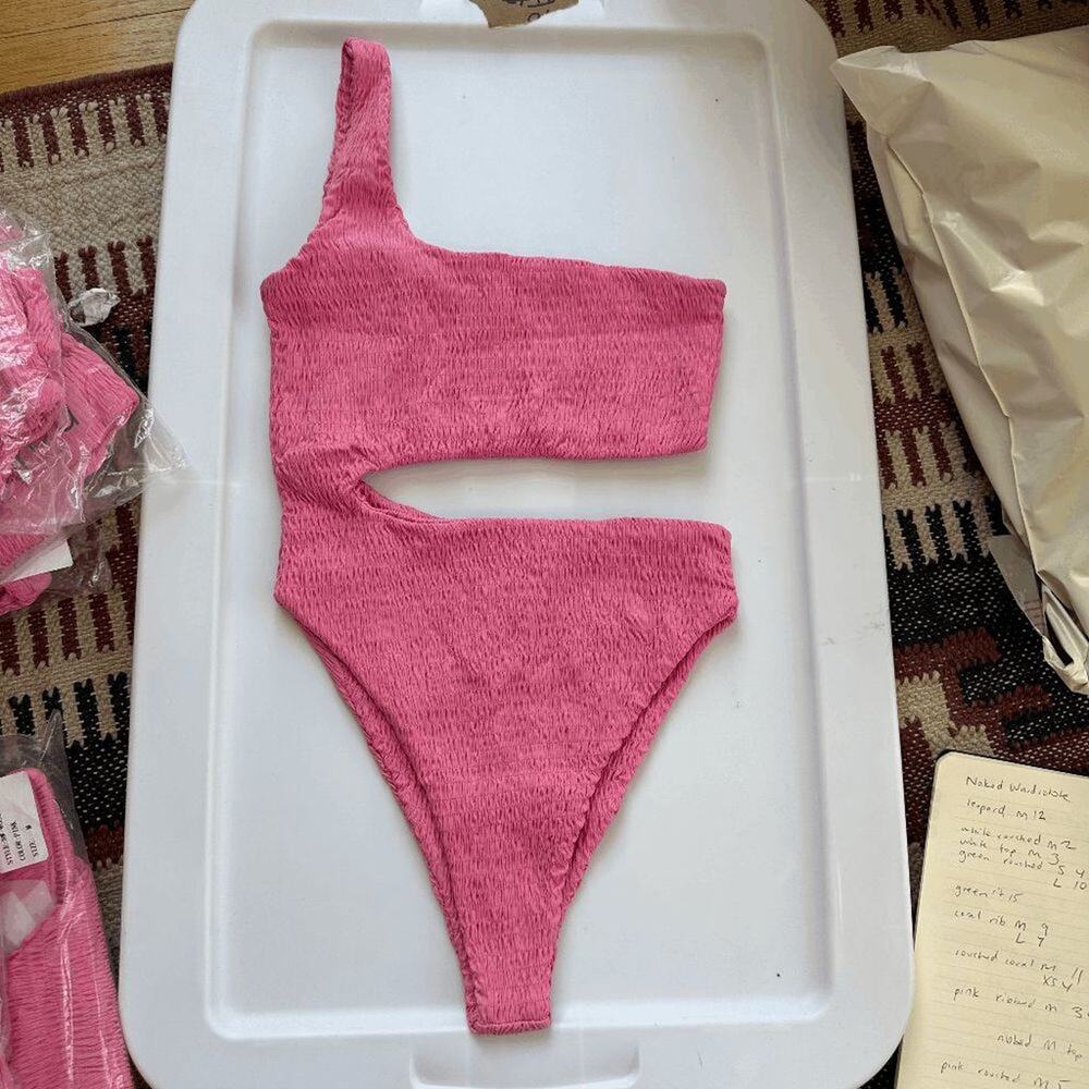Naked Wardrobe Pink Smocked Cutout One Piece Swimsuit L NWOT - Picture 2 of 4